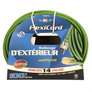 Cordon Extension Extérieur SJEOW 14 / 3 Mono Prise Lumineux Vert 100pi / 30.48m