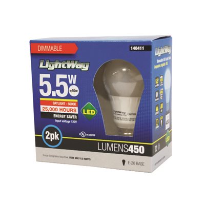 2PK Ampoule LED A19 Dimmable à Base E26 5.5W Lumière du Jour