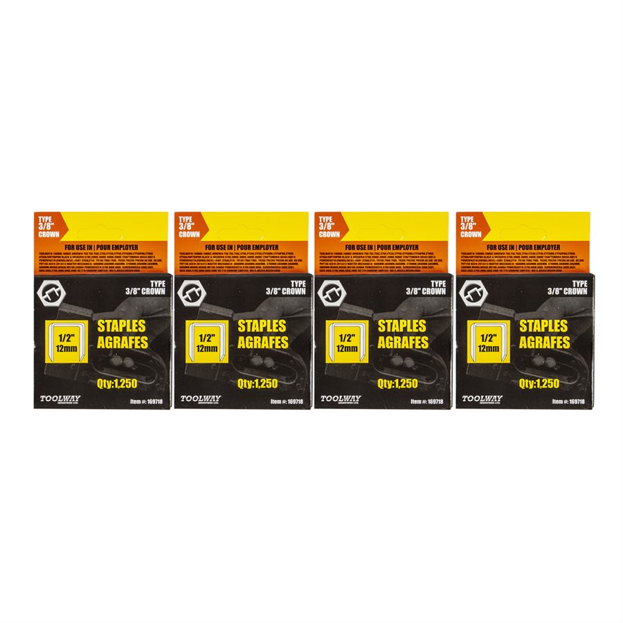 Staples T50 ½in x 3 / 8in Crown 20ga 4 x 1250 / pk Toolway